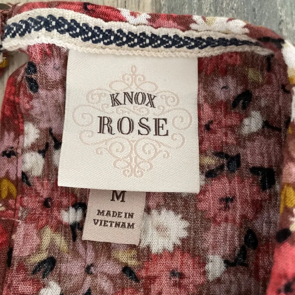 Knox Rose Womens Top Medium Cottage Core Boho Floral‎ Ruffle Hippie Shirred Pink